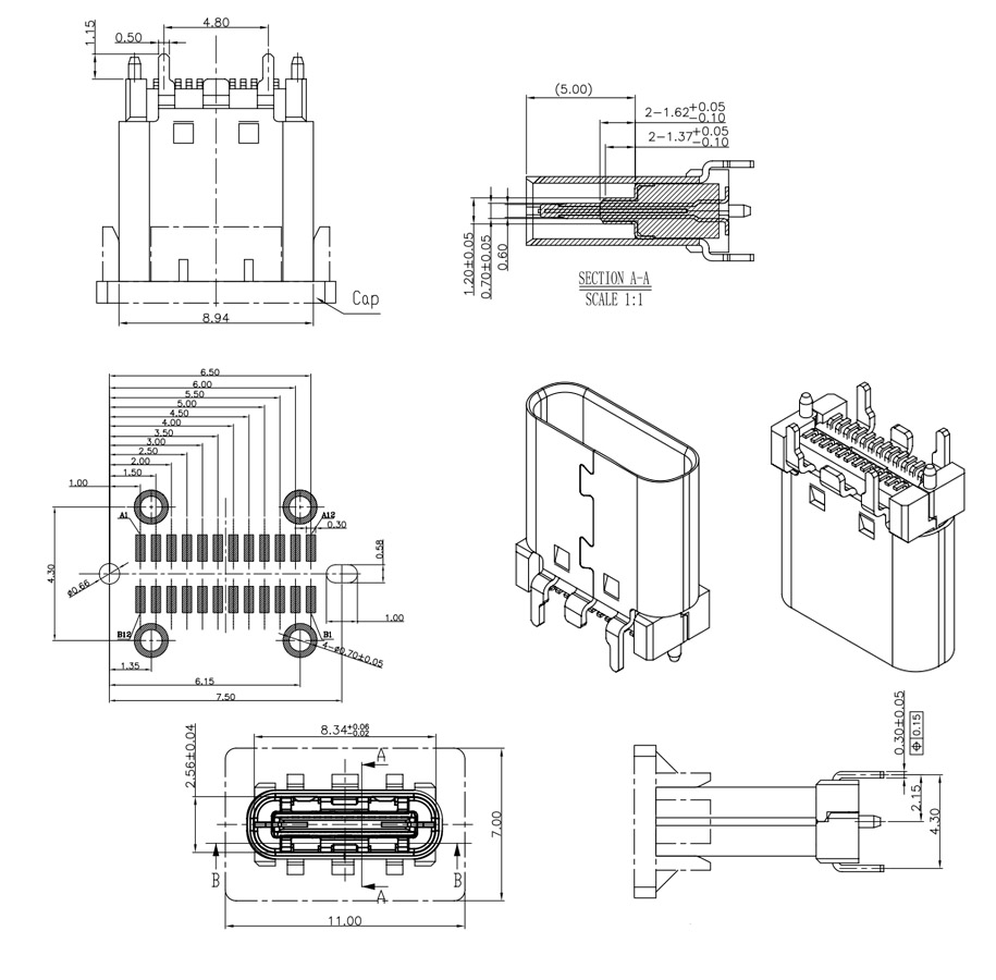 TYPE-C 24PIN母座180度立式贴片四脚插件L=10.5-1