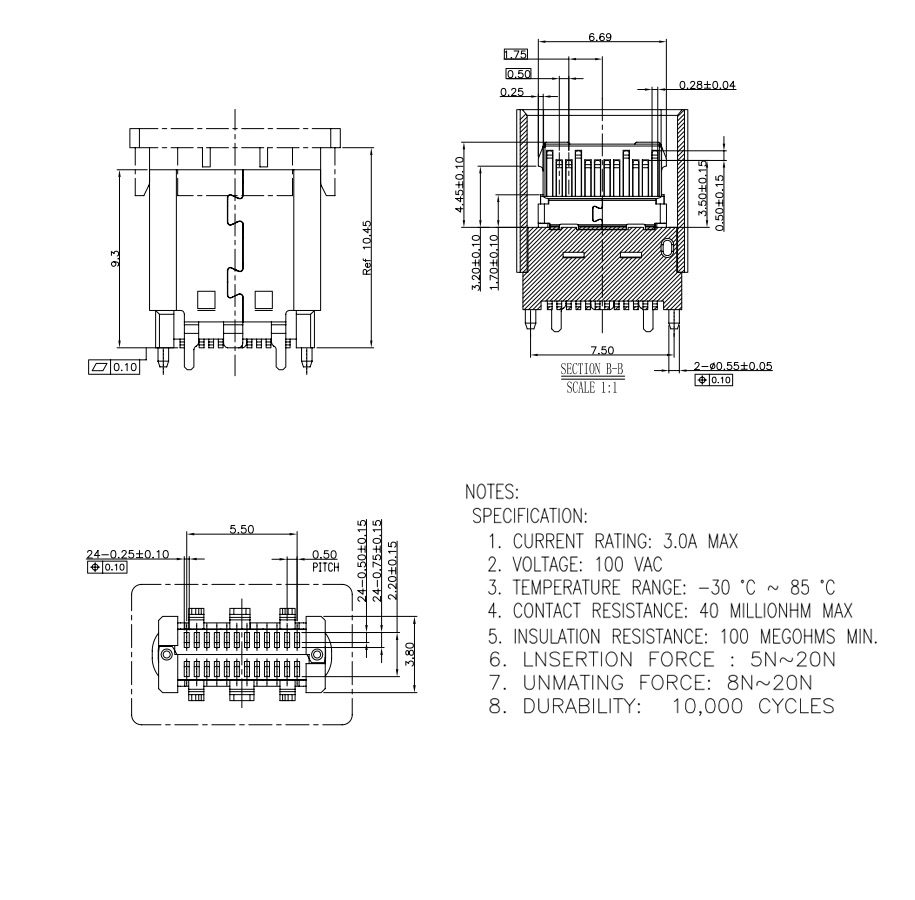 TYPE-C 24PIN母座180度立式贴片四脚插件L=10.5-2